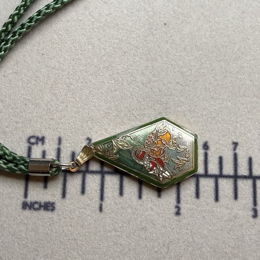 Vintage Cloisonné Enamel Bird Duck Pendant Gold Tone Green Braided Cord Necklace - Picture 9 of 11